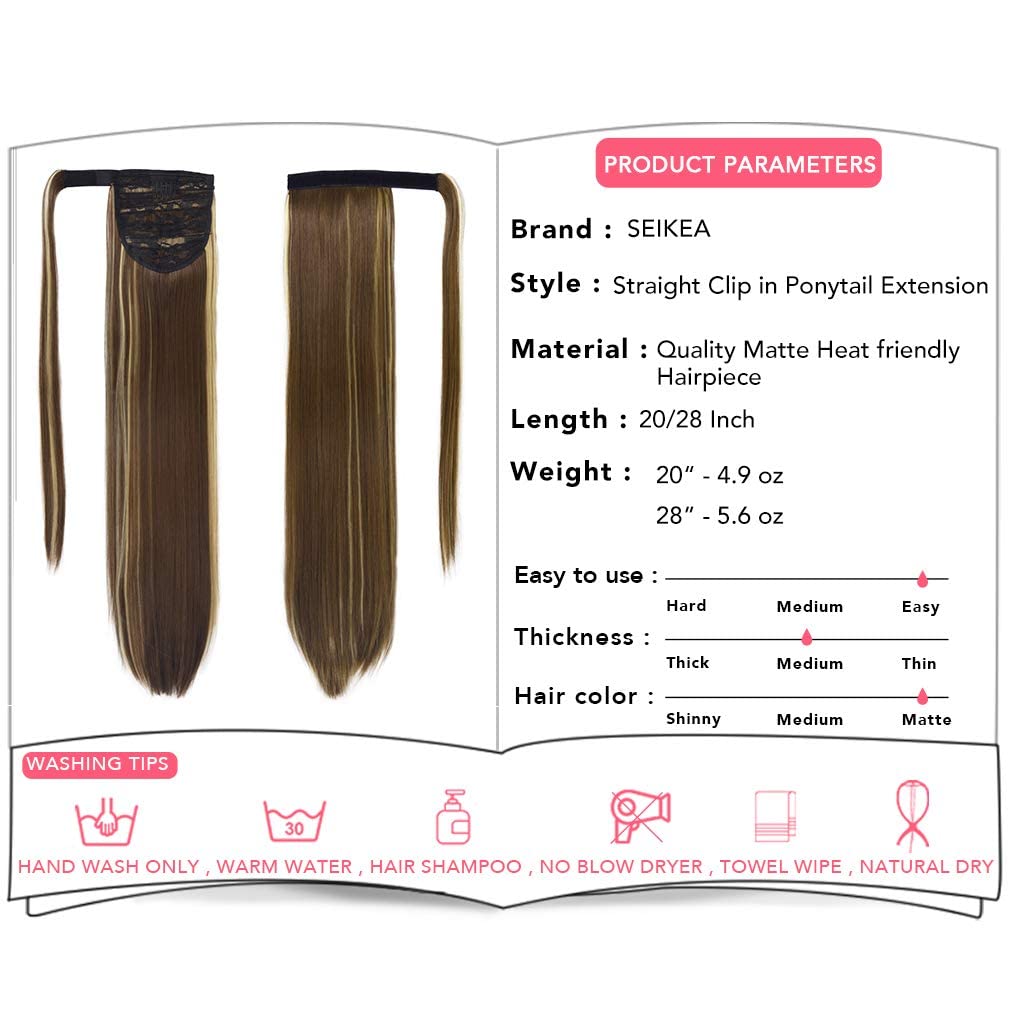 SEIKEA Clip in Ponytail Extension Wrap Around Straight Hair for Women (28 '', Brown/Ash Blonde Mix)