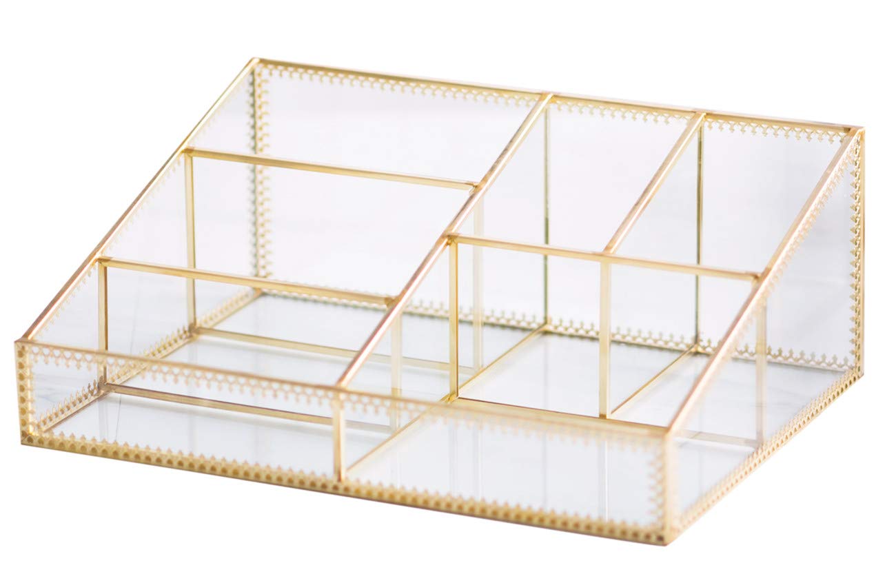 Makeup Organizer Antique Countertop Cosmetic Storage Box Glass Beauty Display, Gold Spin Large Capacity Holder for Brushes Lipst