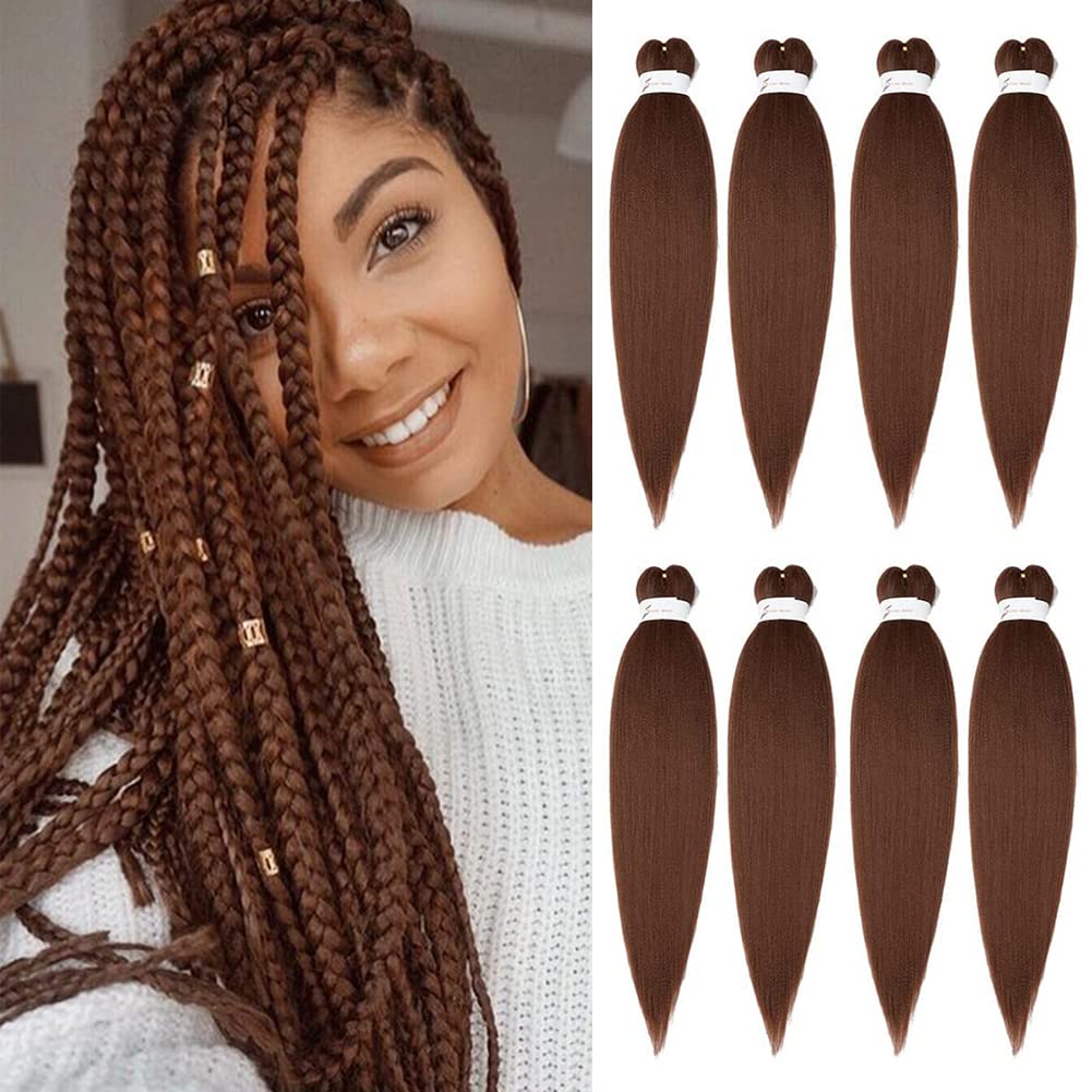 Ubeleco Brown Braiding Hair Pre Stretched 20 Inch 8 Packs Color 30 Braiding Hair Auburn Soft Yaki Texture, No Itch, Hot Water Se