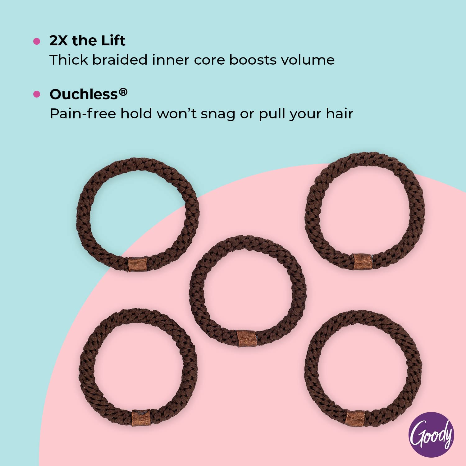 Goody Volume Boost Ponytailers Elastics Hair Tie For Fine Hair - 5 Count, Brown - Ouchless Pain-Free Hair Accessories For Women,