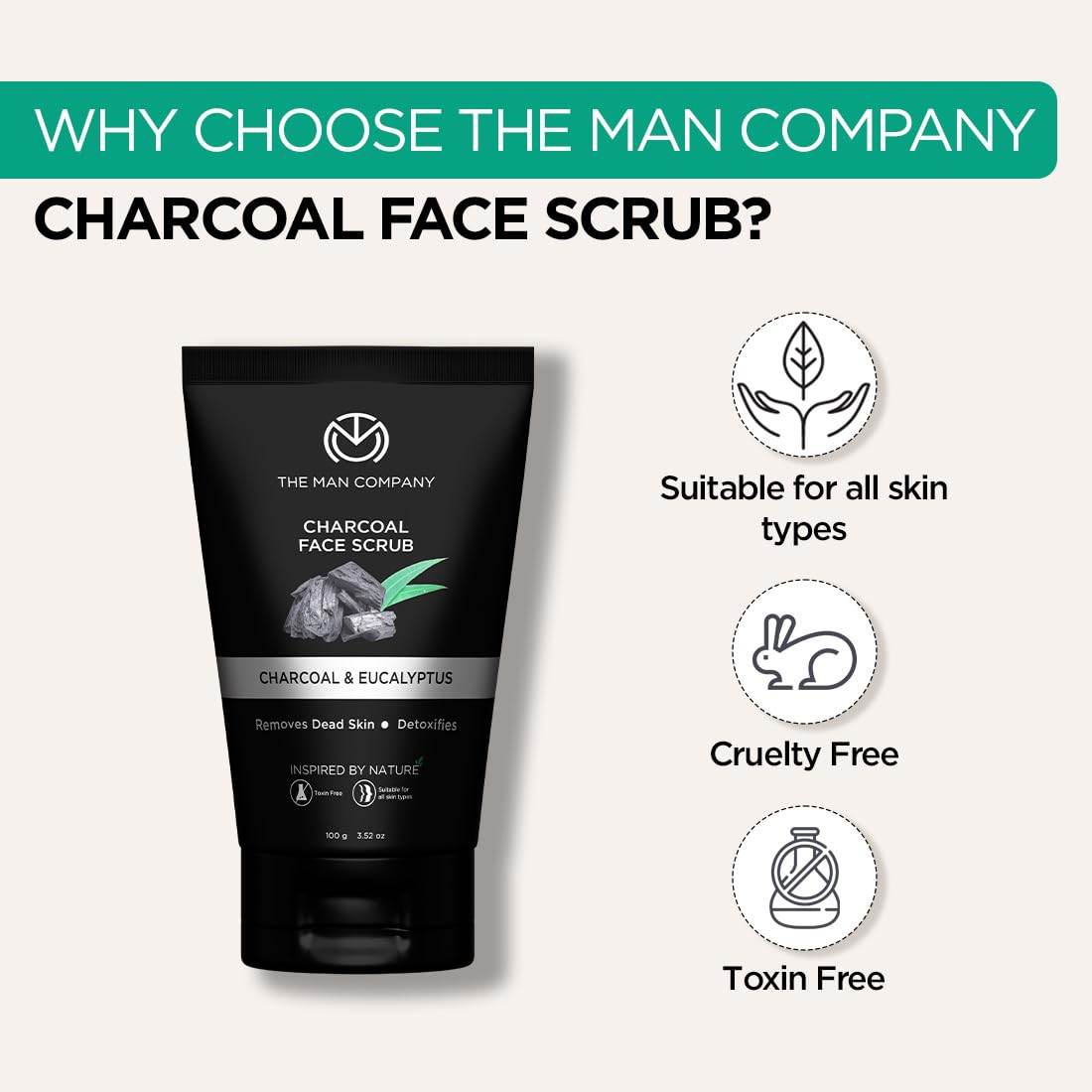 The Man Company Natural Charcoal Face Scrub with Lemongrass and Eucalyptus - 3.5 Oz. | Skin Exfoliating & Detox, Anti Acne, Blac