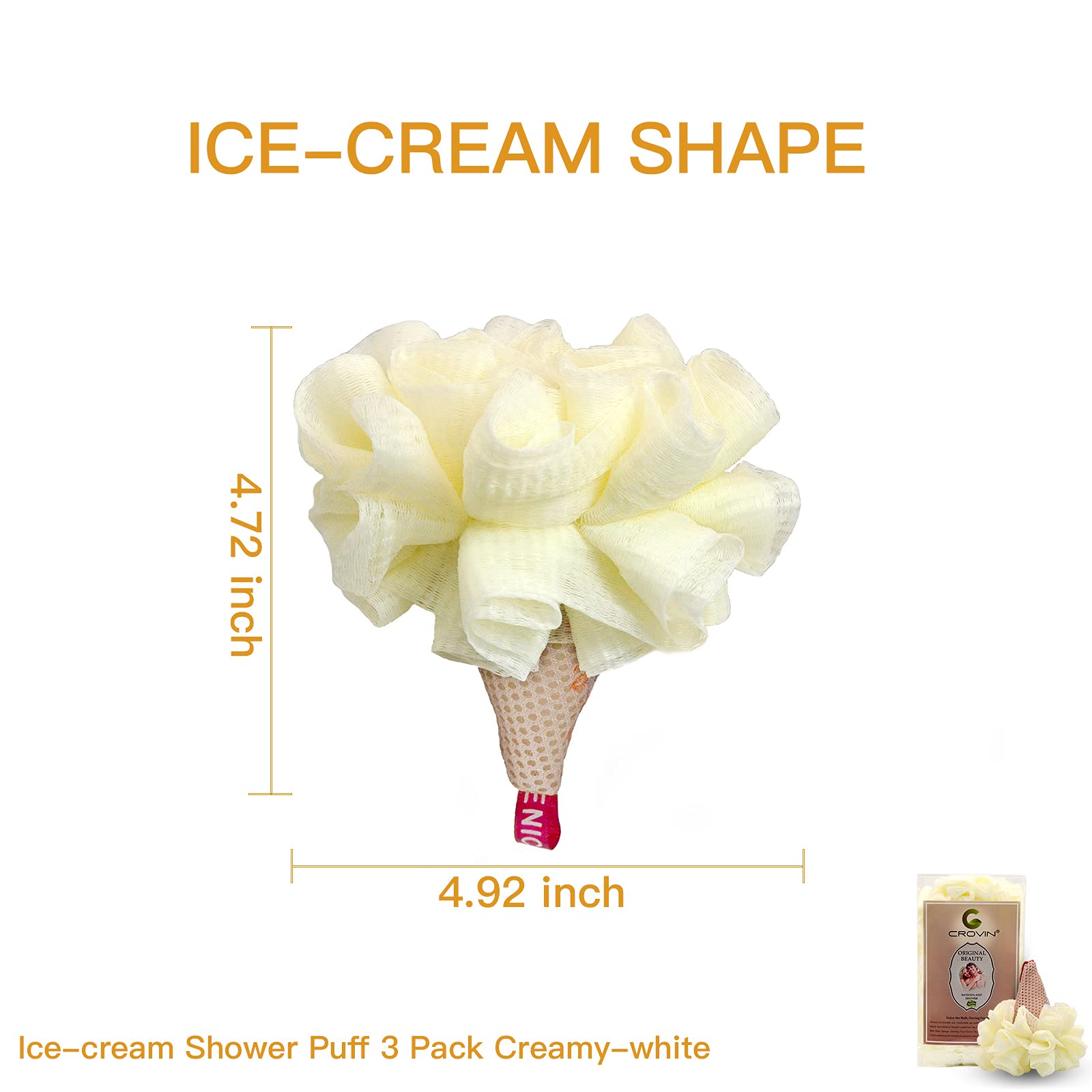 Crovin Ice Cream Bath Sponge Pouf (Set Of 3)-Creamy White Soft Mesh Puff Exfoliating Shower Sponge Ball Body Scrubber For Adults