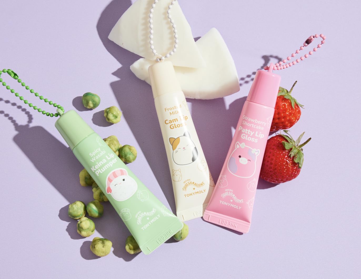TONYMOLY x Squishmallows Patty Keychain Strawberry Shortcake Lip Gloss - Sheer Pigmented Glossy Lip Stain, Hydrating Nourishing
