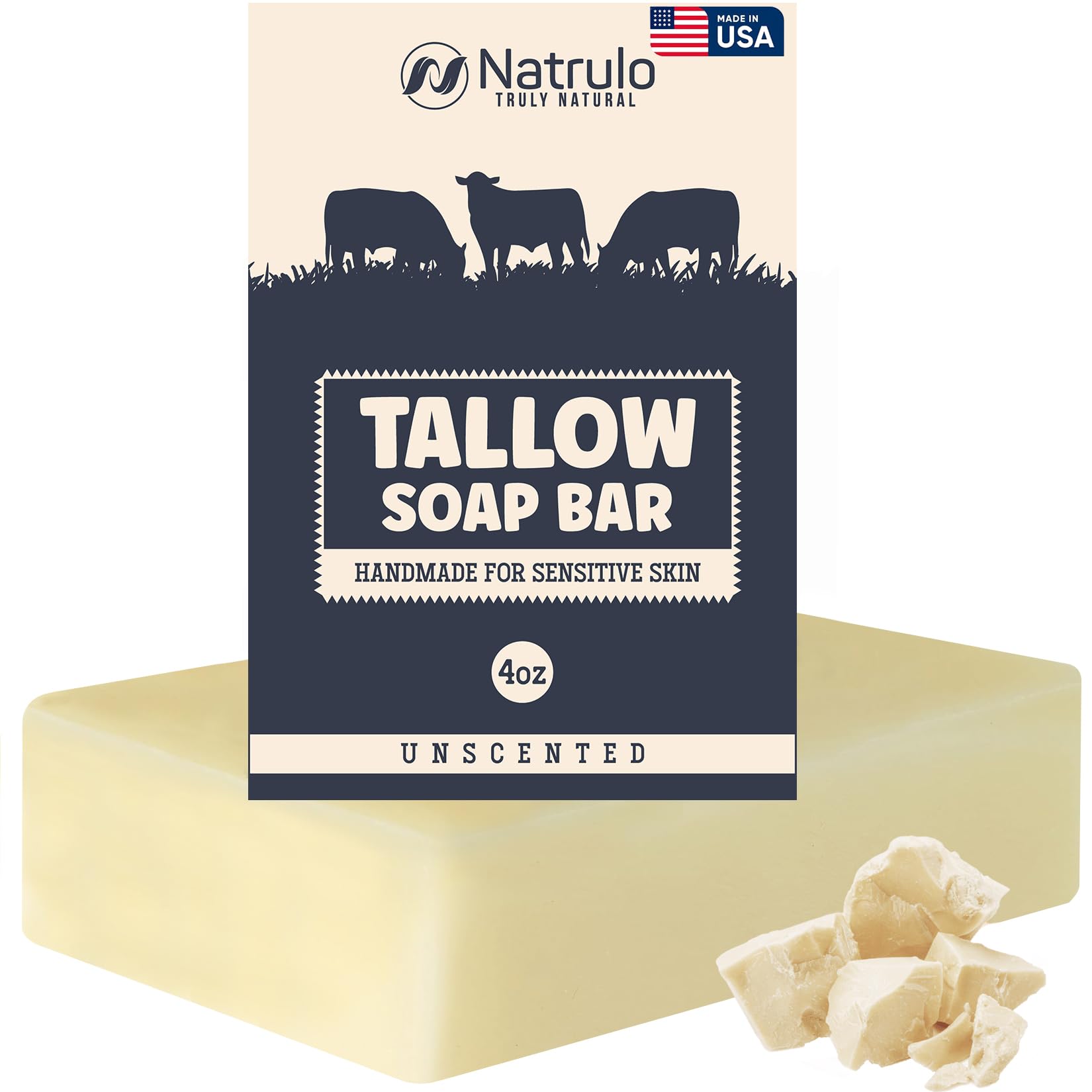 Beef Tallow Soap Bar - All Natural Grass Fed Tallow Soap Unscented - Moisturizing Face & Body Wash Great For Eczema, Dry, Itchy,