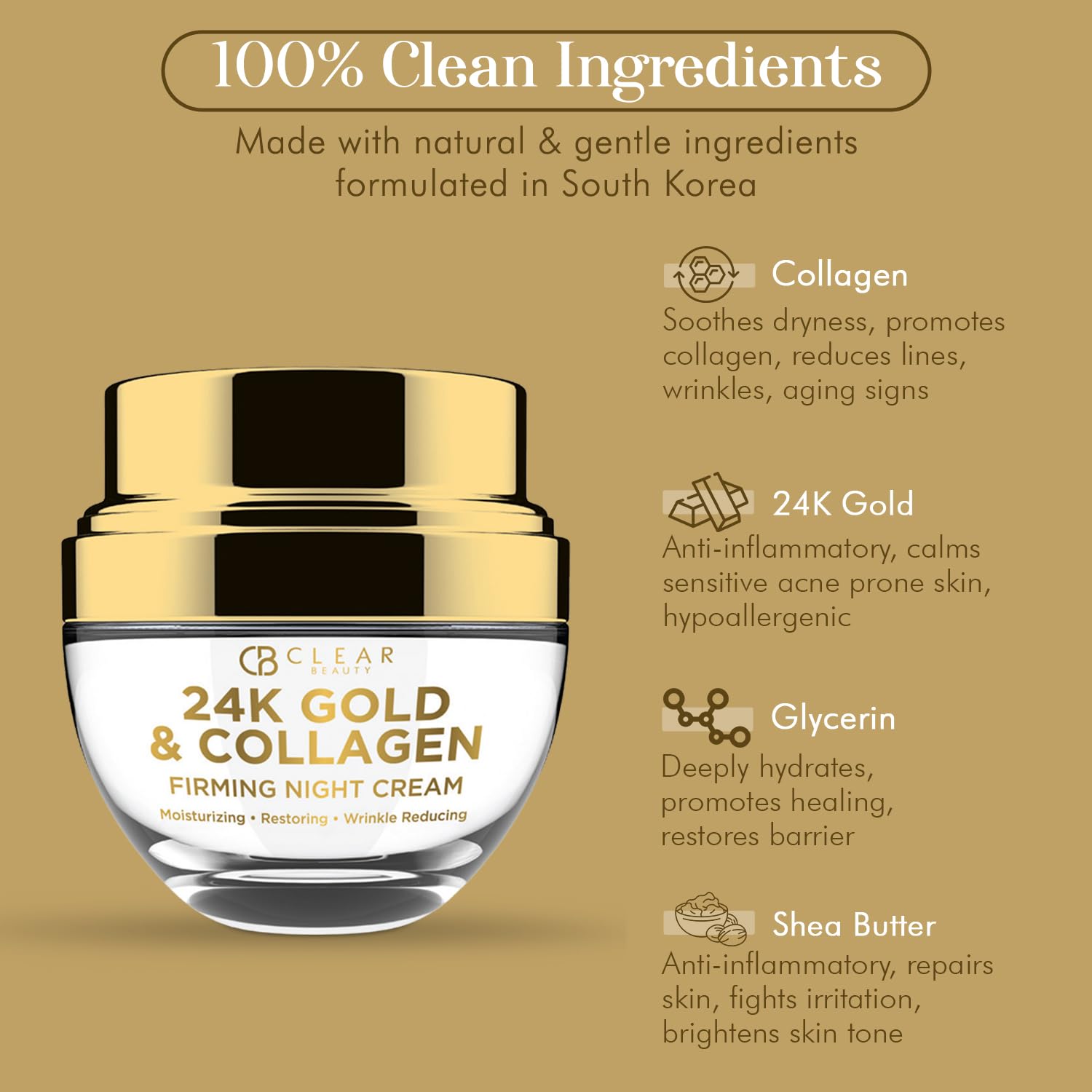 Clear Beauty 24K Gold & Collagen Night Face Moisturizer - Dermatologist Tested, Reduces Age Spots, Fine Lines & Wrinkles, Liftin
