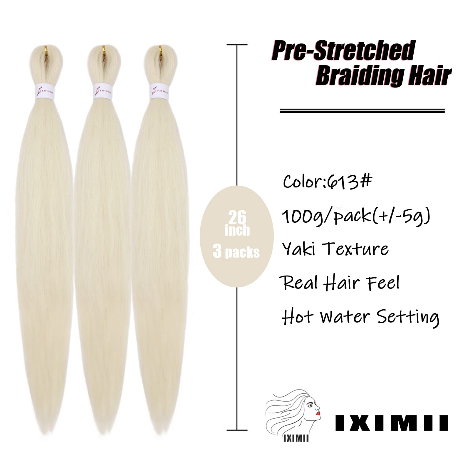 Iximii 613# Pre Stretched Braiding Hair 26 Inch 3 Packs Soft Pre-Stretched Kanekalon Braiding Hair Blonde Color Long Straight Sy
