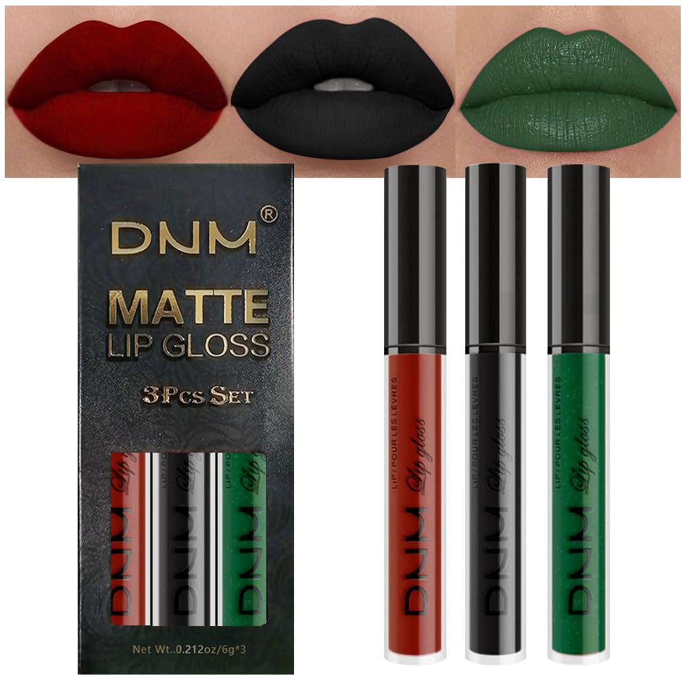 Amy'S Diary Dark Red Green Black Matte Plum Liquid Lipstick 3Pcs Sets,224-Hour Lipstick Long Lasting Permanent L Magic Lipstick
