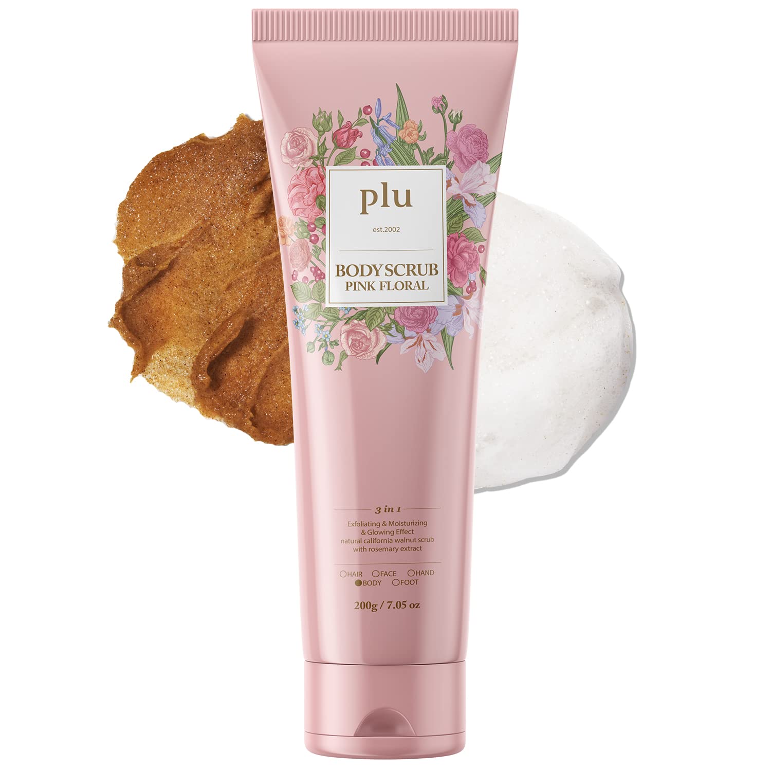 PLU Walnut Body Scrub Pink Floral with Manuka Honey - Exfoliating & Moisturizing & Firming Glow - for Acne, Cellulite, Stretch M
