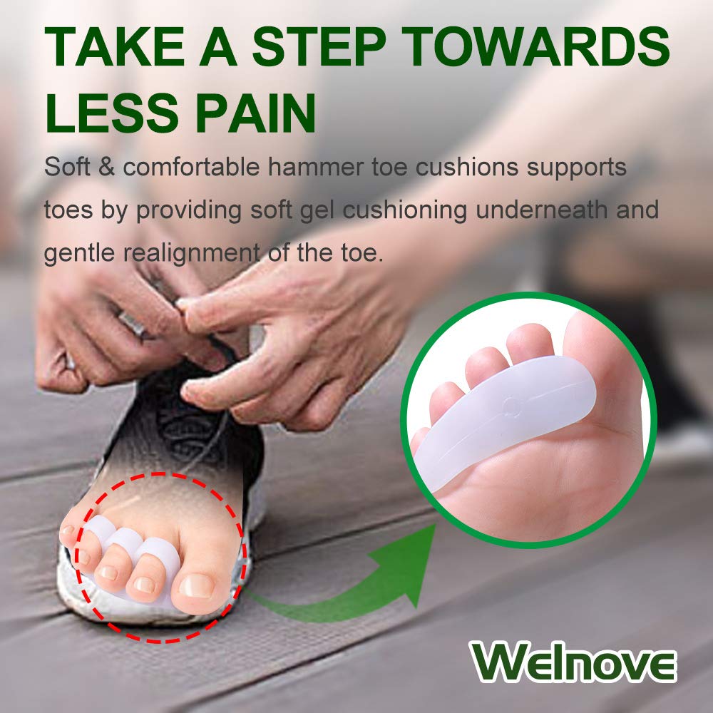Welnove Hammer Toe Crests Straightener 4 Pcs Gel Toe Support Pads Cushion(3 Loops White) Relief For Overlapping-Curled-Hammer-Cl