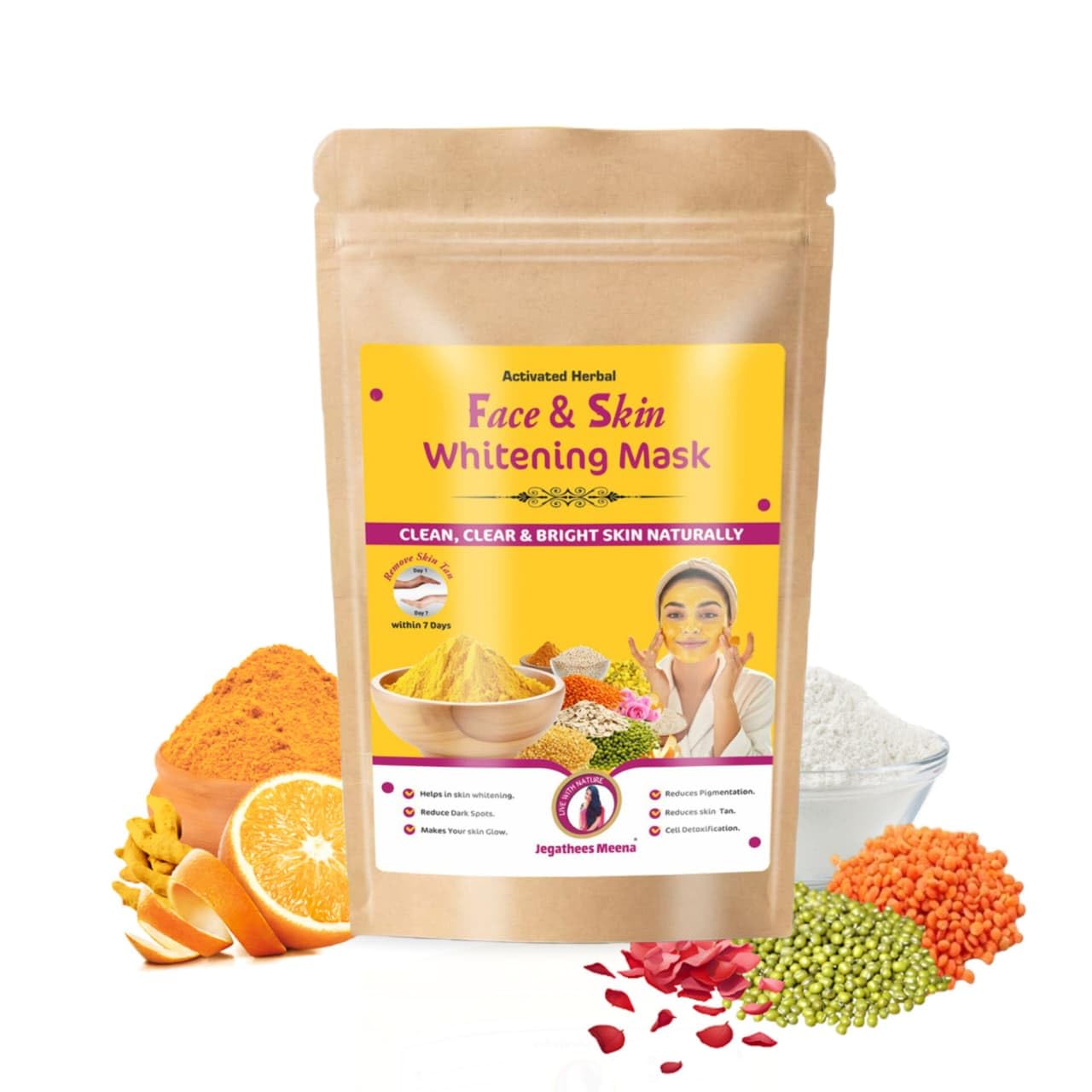 Jegathees Meena Face & Skin Whitening Mask, Activated Herbal Formula, 100% Natural, Enhances Glow, Removes Tan & Dark Spots, Dee
