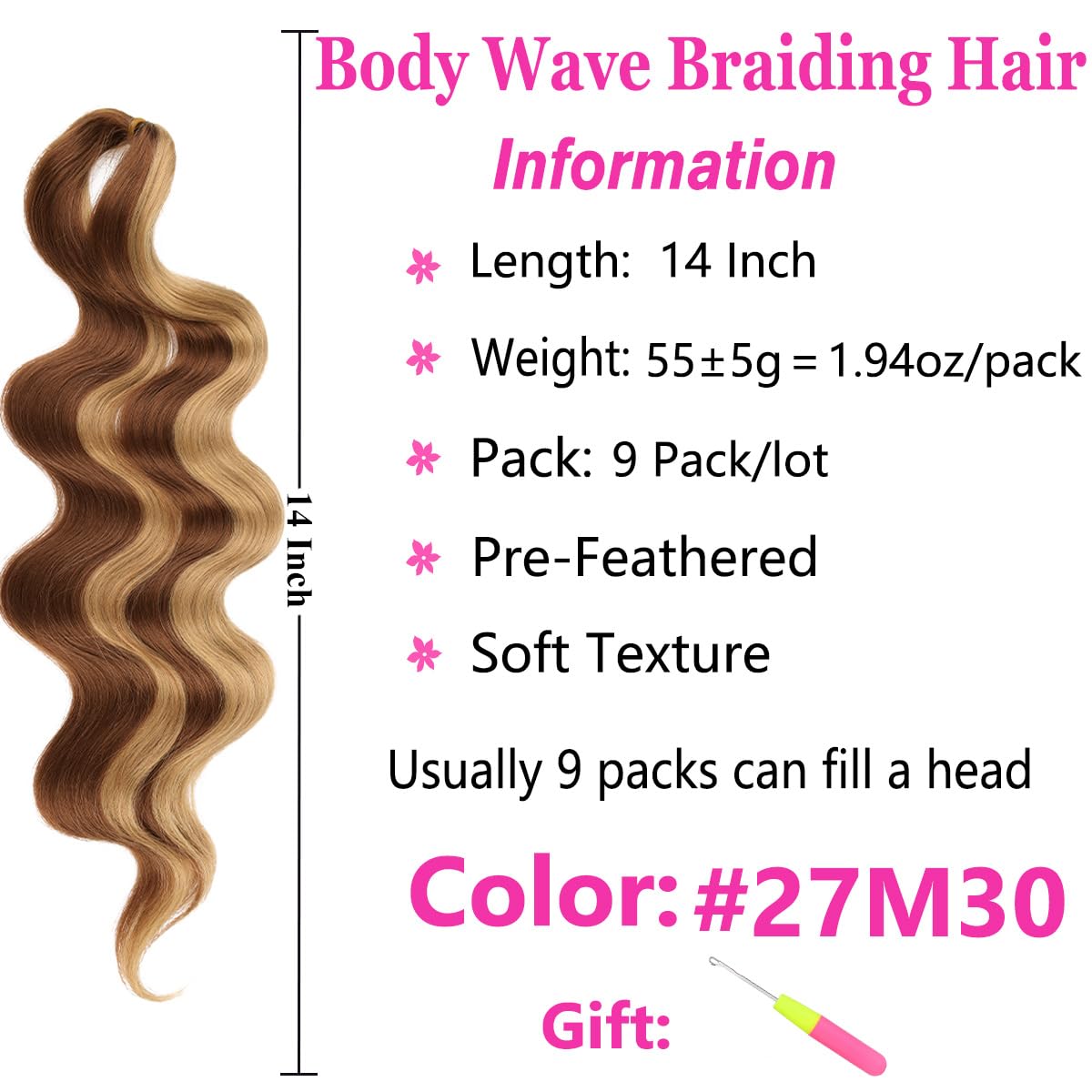 Cookoo 9 Packs Body Wave Braiding Hair 14 Inch Pre Feathered Mix Blond And Brown Bouncy Braiding Hair French Curl Wavy Braids Oc