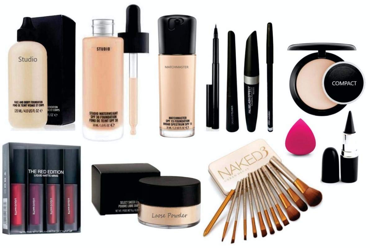 Dndeals The Edition Lipsticks,Loose Powder, 12Bursh Set, Face And Body Foundation, Match Master Waterproof Foundation, Kajal, Bl