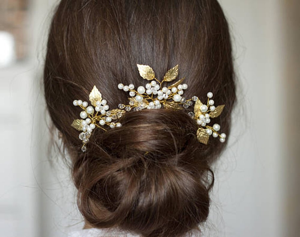 FXmimior Bridal Headpiece Vintage Crystal Leaf Hair Pins Bobby Pins Wedding Party Hair Accessories(pack of 3) (gold)