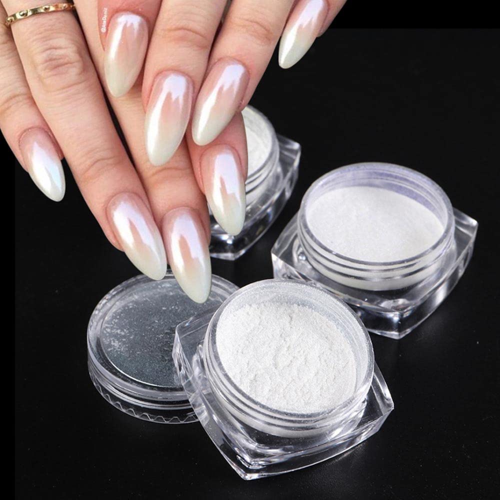 2 Boxes White Pearl Chrome Nail Powder, Mirror Effect Aurora Magic Pearlescent White Nail Powder Pigment, High Gloss Glitter Nai