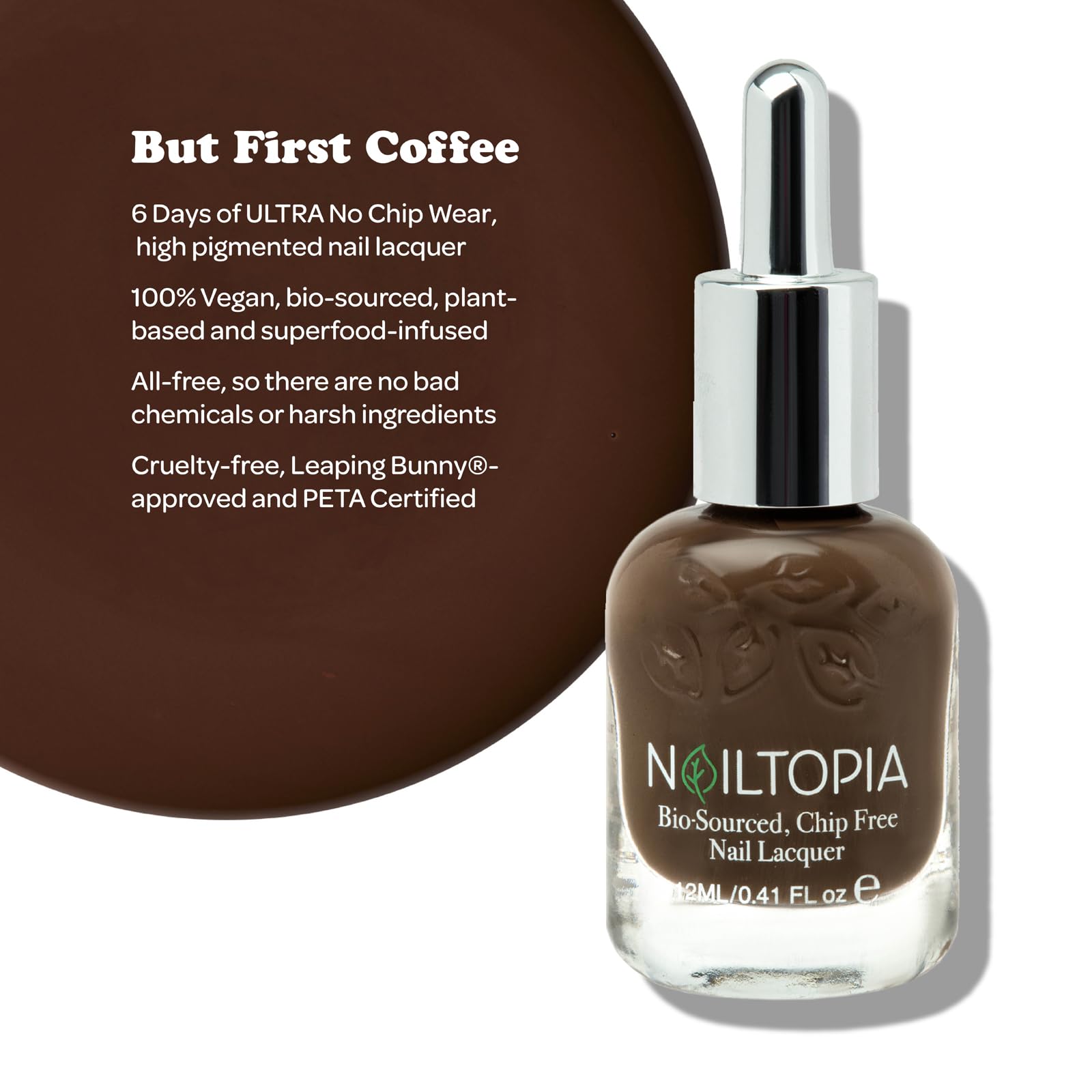 Nailtopia - Plant-Based Chip Free Nail Lacquer - Non Toxic, Bio-Sourced, Long-Lasting, Strengthening Polish - But First Coffee (