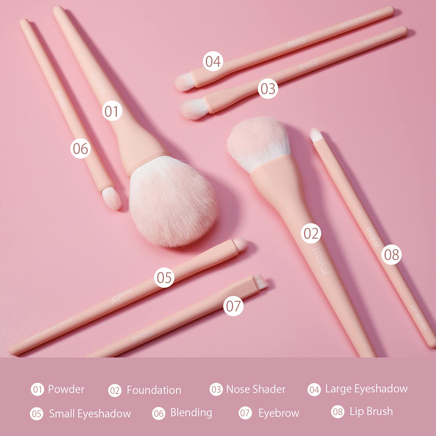 Msq Make Up Brushes 8Pcs Makeup Brush Set Foundation Brush Blending Brush Eyeshadow Brushes Eye Brushes Set With Bag (Pink)