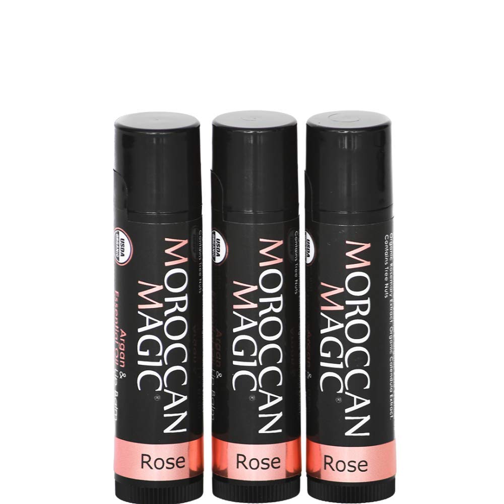 Organic Moroccan Magic Lip Balm 3 Pack | Rose Lip Balm Set | Chapsticks For Dry Lips | Made With Natural Argan, Essential Oils L