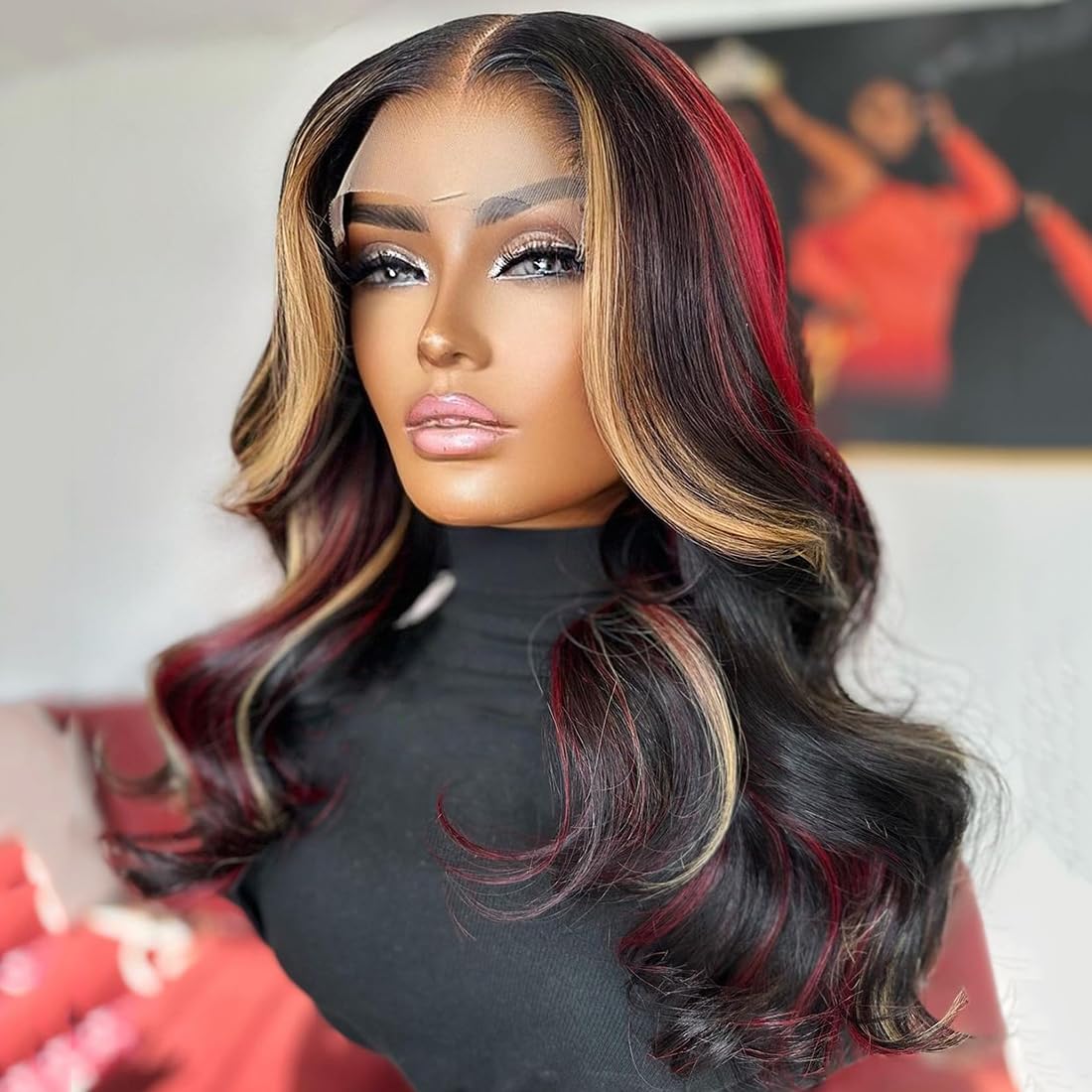 Black Red Blonde Highlights Wig Human Hair Body Wave Skunk Stripe Human Hair Wig 180% Density Blonde Red Highlights 13X4 Hd Lace