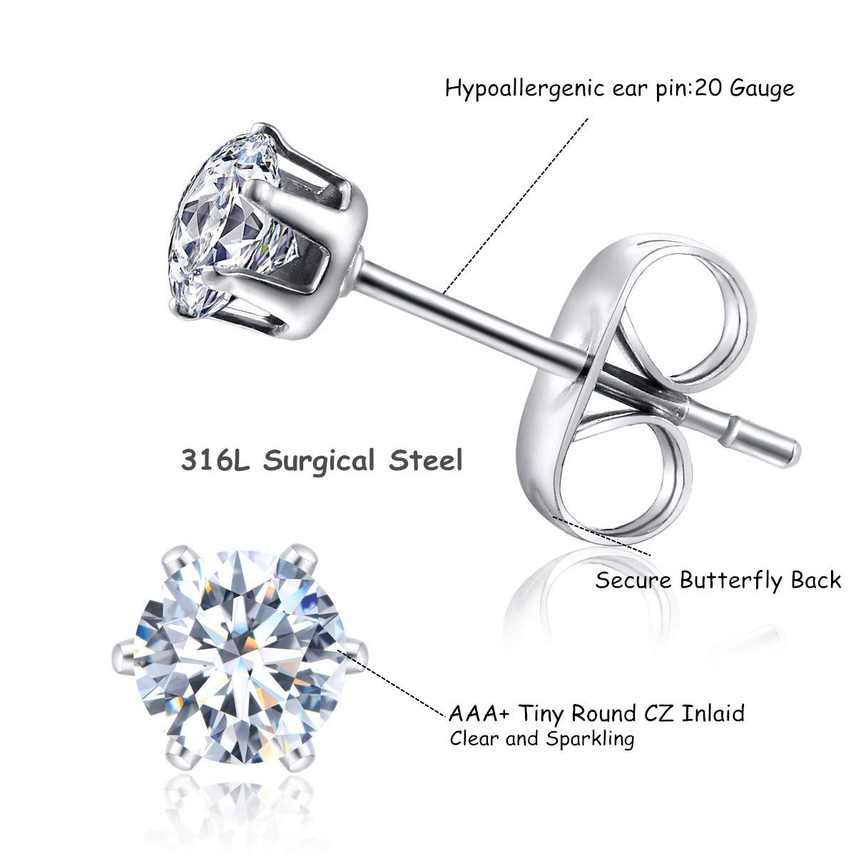 FOSIR 10 Pairs 3mm Tiny Women 's Stainless Steel Round Clear Cubic Zirconia Stud Earrings (Surgical Steel)