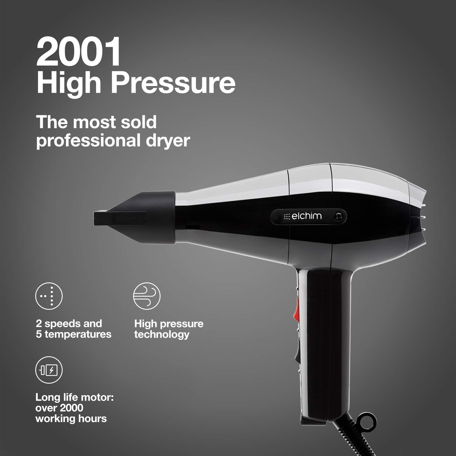 Elchim Classic 2001 High Pressure Hair Dryer - 1875 Watt Quick Dry Professional Salon Blow Dryer, Corded Electric