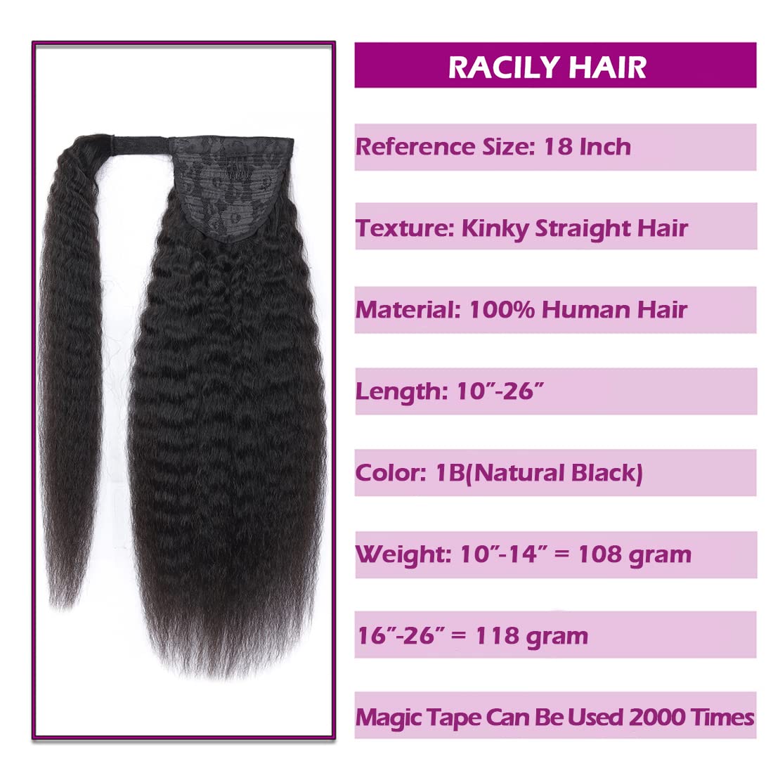 Kinky Straight Ponytail Human Hair With Wrap Around Magic Tape, Brazilian Hair Clip In Extensions Wavy Yaki Pony Natrual Black (
