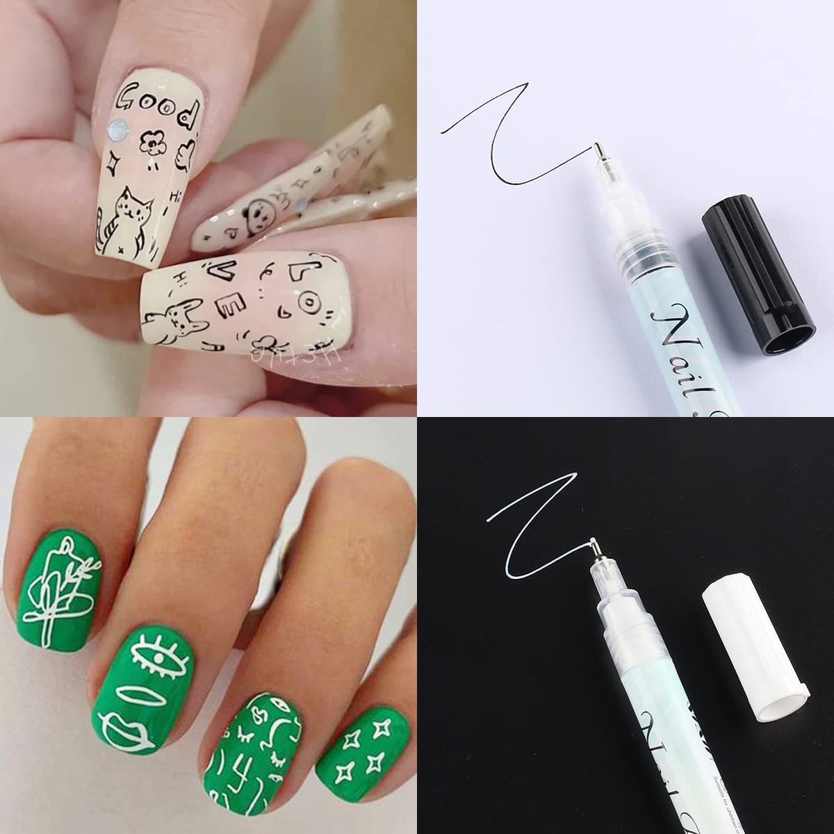 Nail Art Graffiti Pen Set 12Pcs Waterproof Painting Marker Pen Black White Drawing Gel Liners Quick Dry Dotting Pen Nails Profes