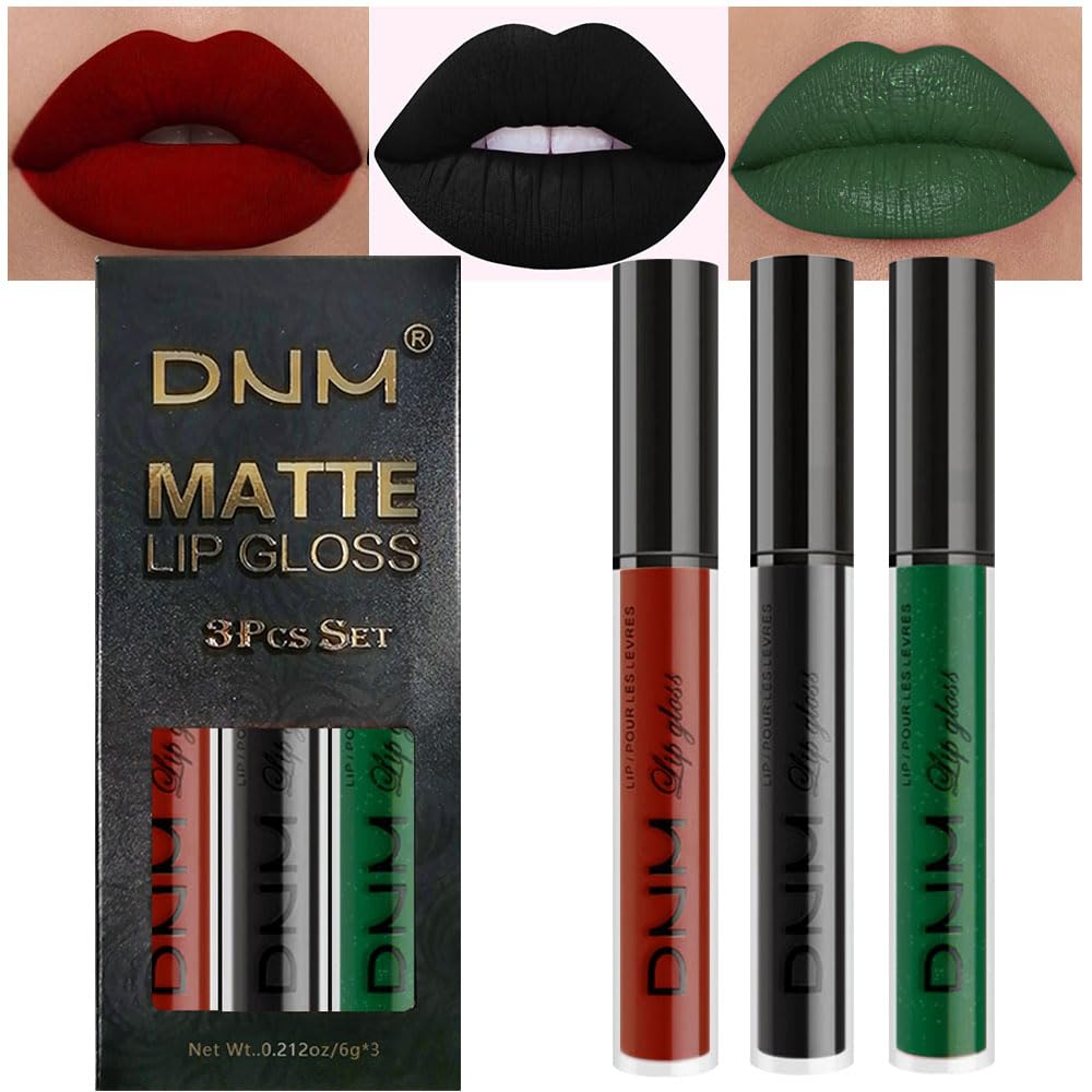 Evpct Dnm 3Pcs Dark Black Emerald Green Red Matte Liquid Lipstick Lip Stain Sets For Women Matte+Lipstick Long Lasting 24 Hr Hou