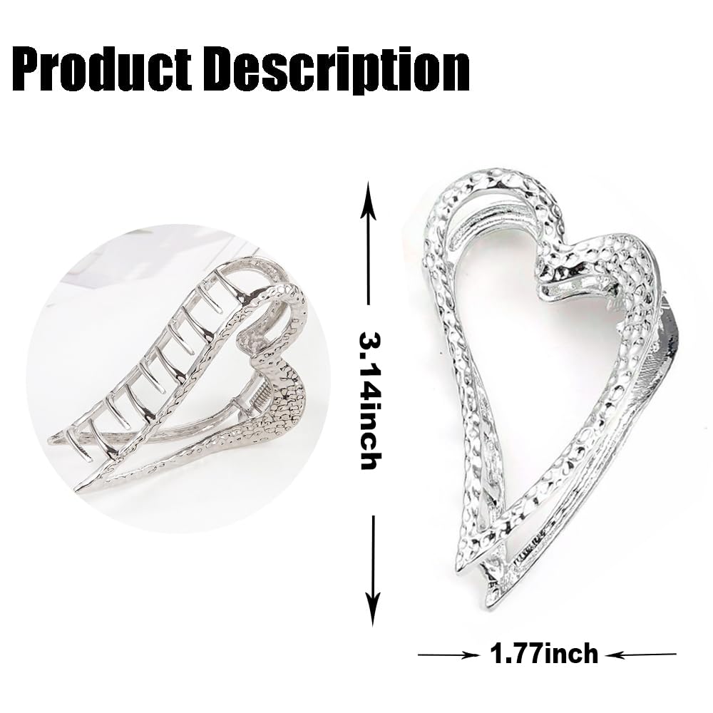 Kolonams Heart Hair Clip, Metal Sliver, Valentine'S Day Hair Accessories, No Slip Heart-Shape Claw For Thick & Thin Hair, 3.14 I