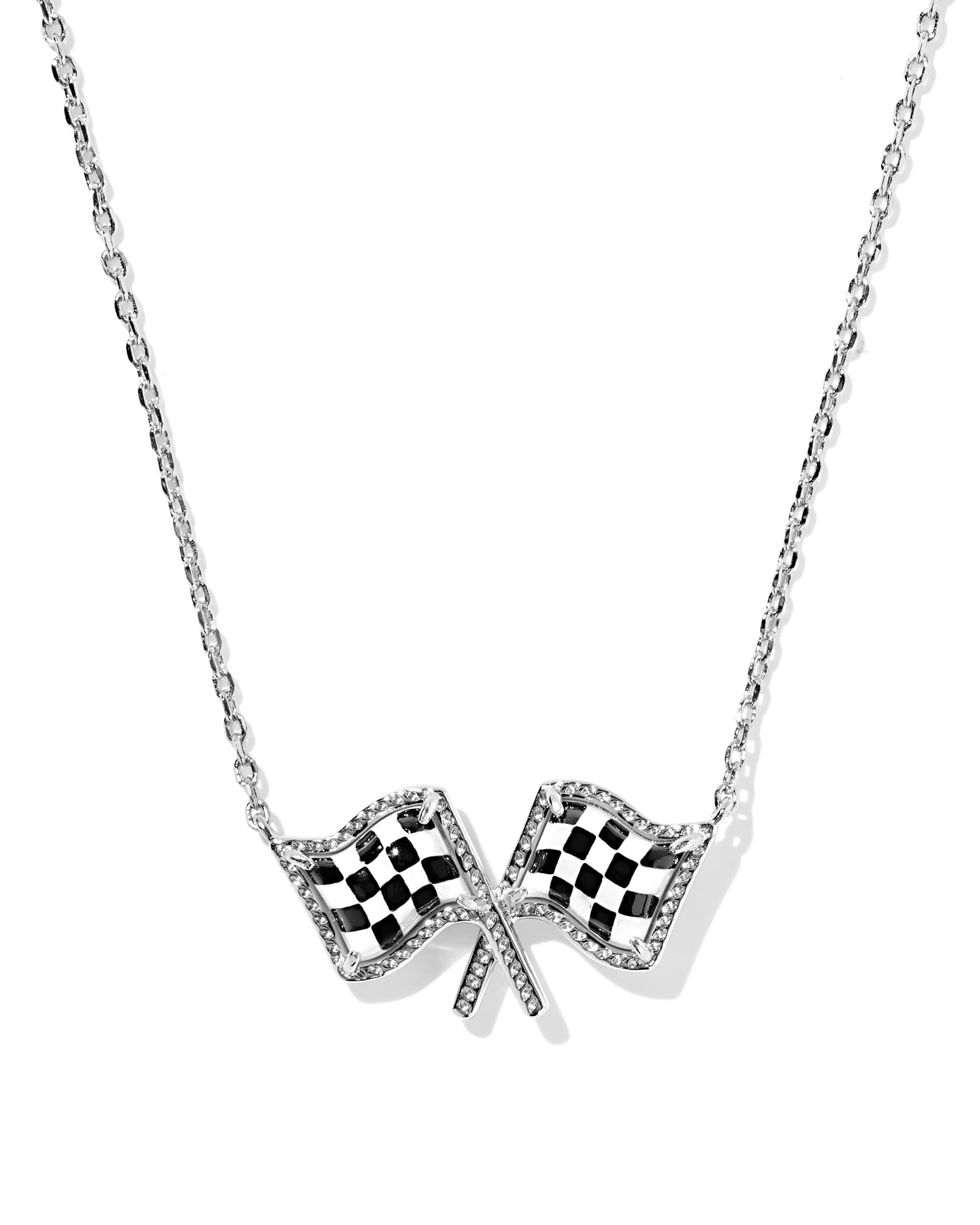 Kendra Scott Checkered Flag Pendant Necklace in White Mother Of Pearl, Rhodium-Plated Brass, Fashion Jewelry for Women