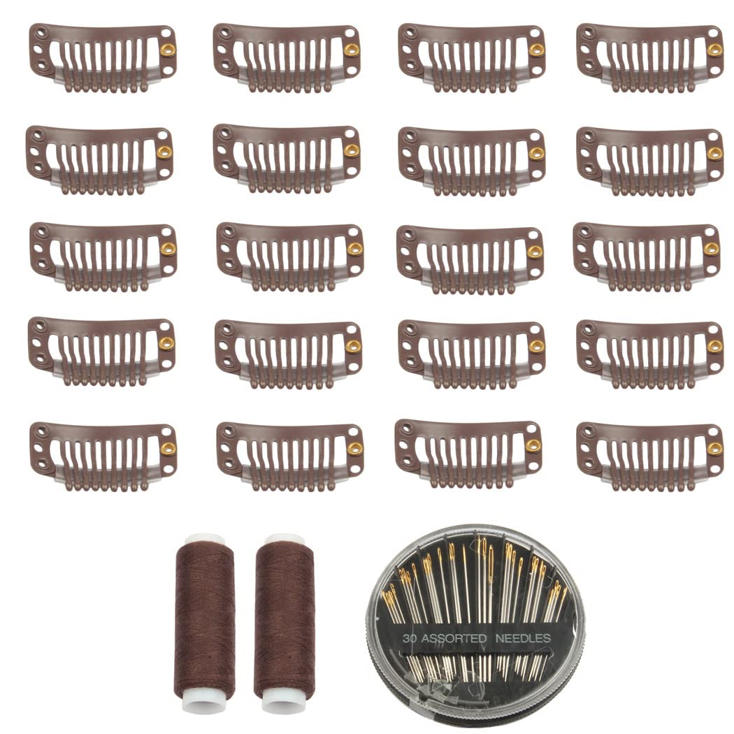 30 Pcs Hair Extension Clips, 9 Teeth Stainless Steel Snap Comb Wig Clips, Wig Accessories Clip with 30 Assorted Sewing Needles a