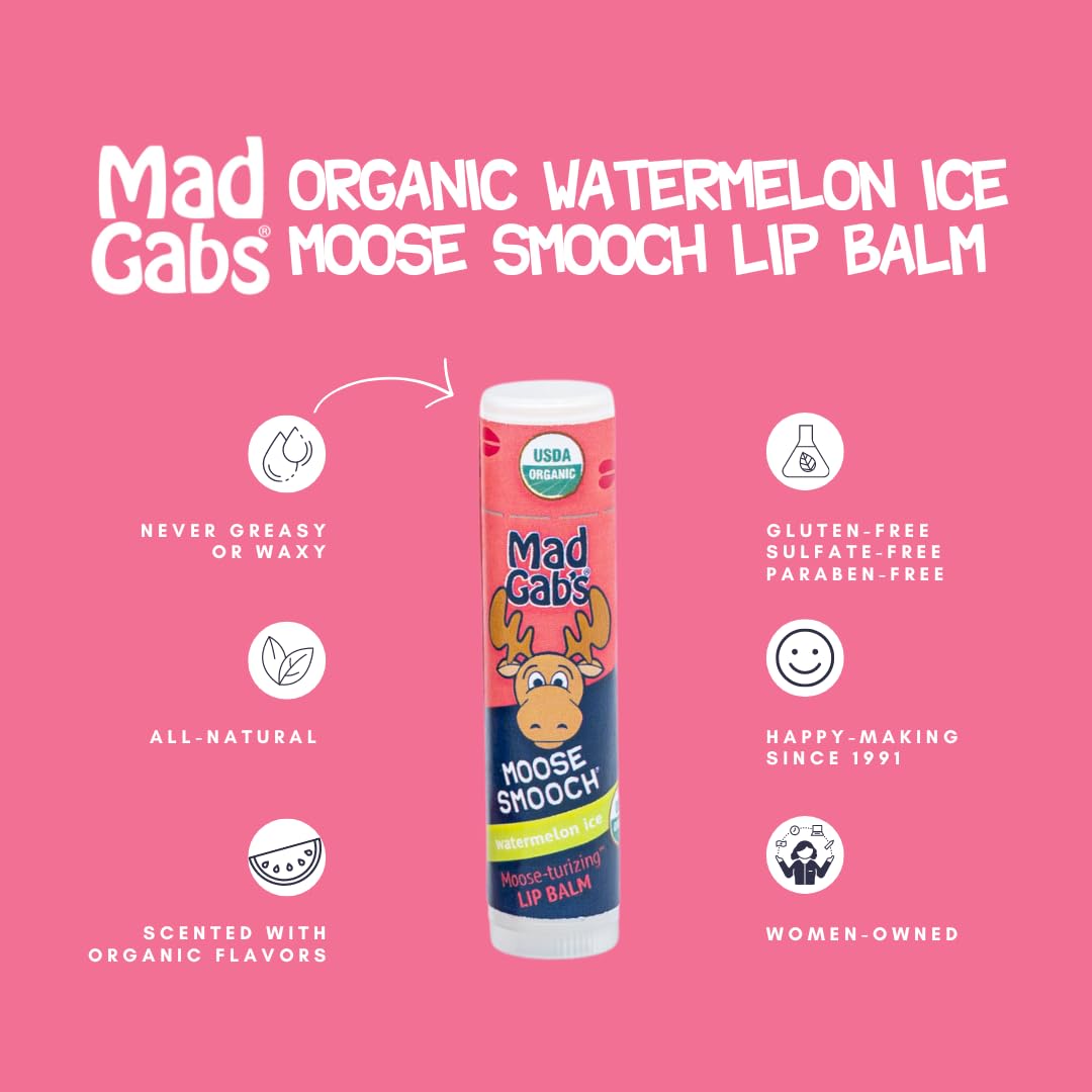 Mad Gab'S Moose Smooch Watermelon Ice Lip Balm 3Pk | Moisturizing And Certified Organic | Made With Organic Olive Oil And Beeswa