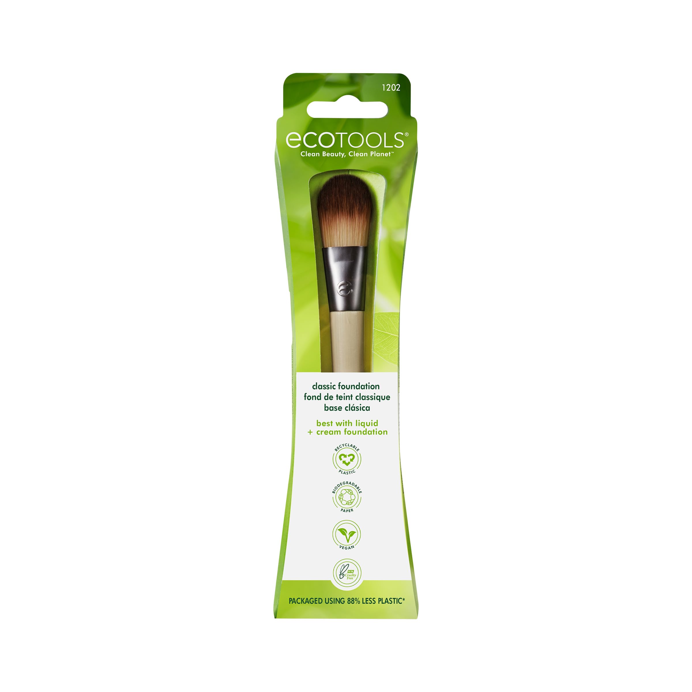 EcoTools Classic Foundation Face Brush, For Liquid, & Cream Foundation, Flat Foundation Brush, Makeup Brush For Natural Makeup,
