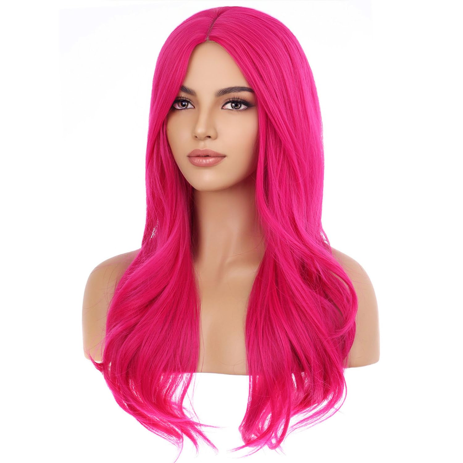Pattnium 27 Inches Pink Wig Long Wavy Wig Hot Pink Wig For Women Girls Milddle Part Curly Long Wig Neon Pink Wig Magenta Wig Hea