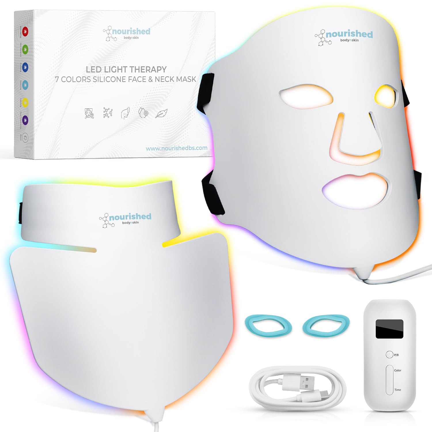 Nourished Bodynskin LED Light Therapy Face & Neck Mask - 7 Colors, Rejuvenation, Anti-Aging - 1 Count, White, Model NBS-1