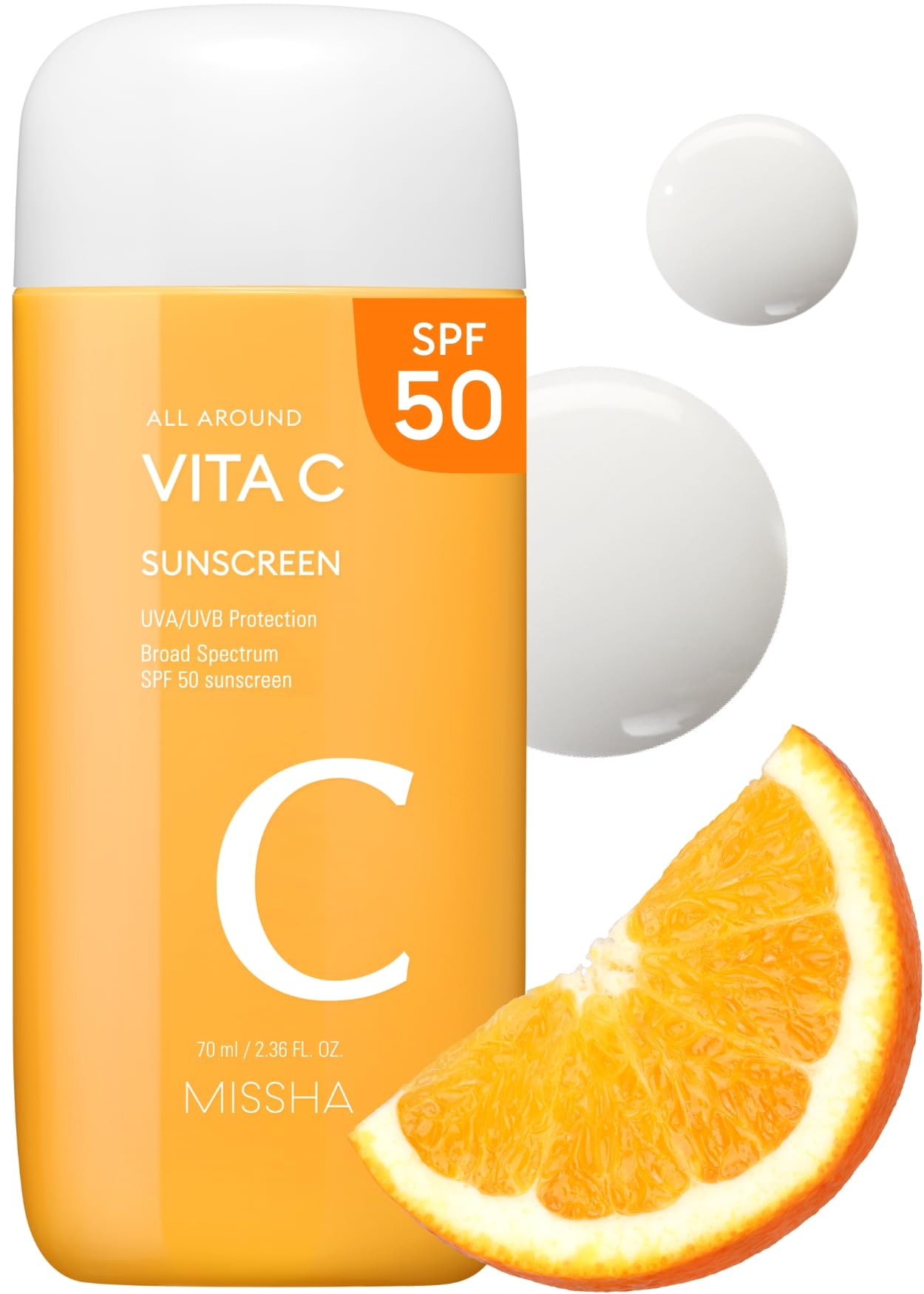 MISSHA All Around Vita C Sunscreen SPF 50/2.36 Fl Oz - Korean Sunscreen for face with Vitamin C for Even Tone, Lightweight, Non-