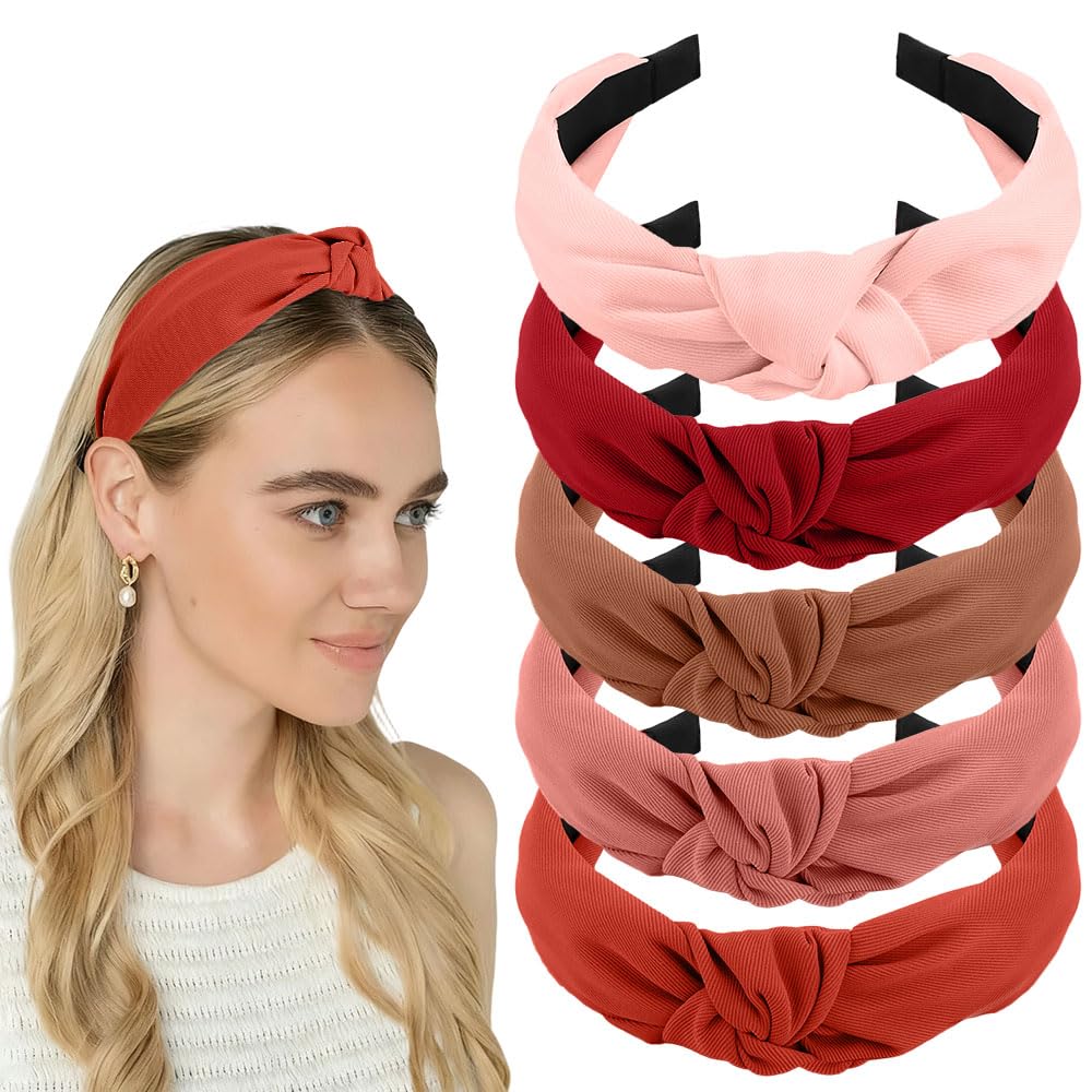 AHONEY 5 Pack Red Knotted Headbands for Women Girls Trendy Fashion Thick Headbands Top Knot Non Slip Cute Hair Accessories Headb