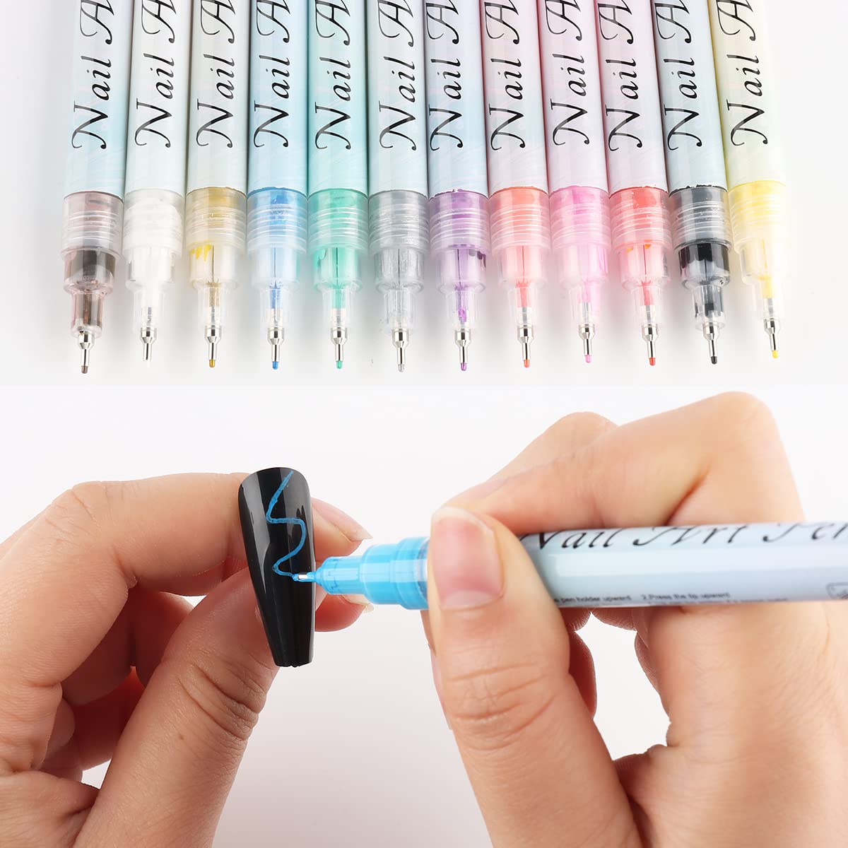 Nail Art Graffiti Pen Set 12Pcs Waterproof Painting Marker Pen Black White Drawing Gel Liners Quick Dry Dotting Pen Nails Profes
