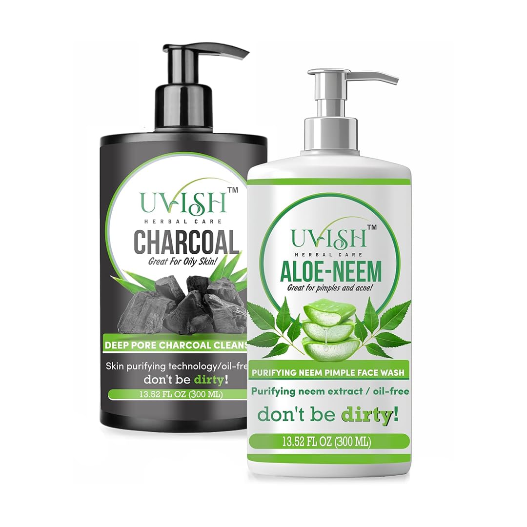 Uvish Charcoal & Aloe Vera Neem Face Wash Combo | 300Ml Each | Deep Cleansing + Oil Control + Acne Care | For Men & Women | Para
