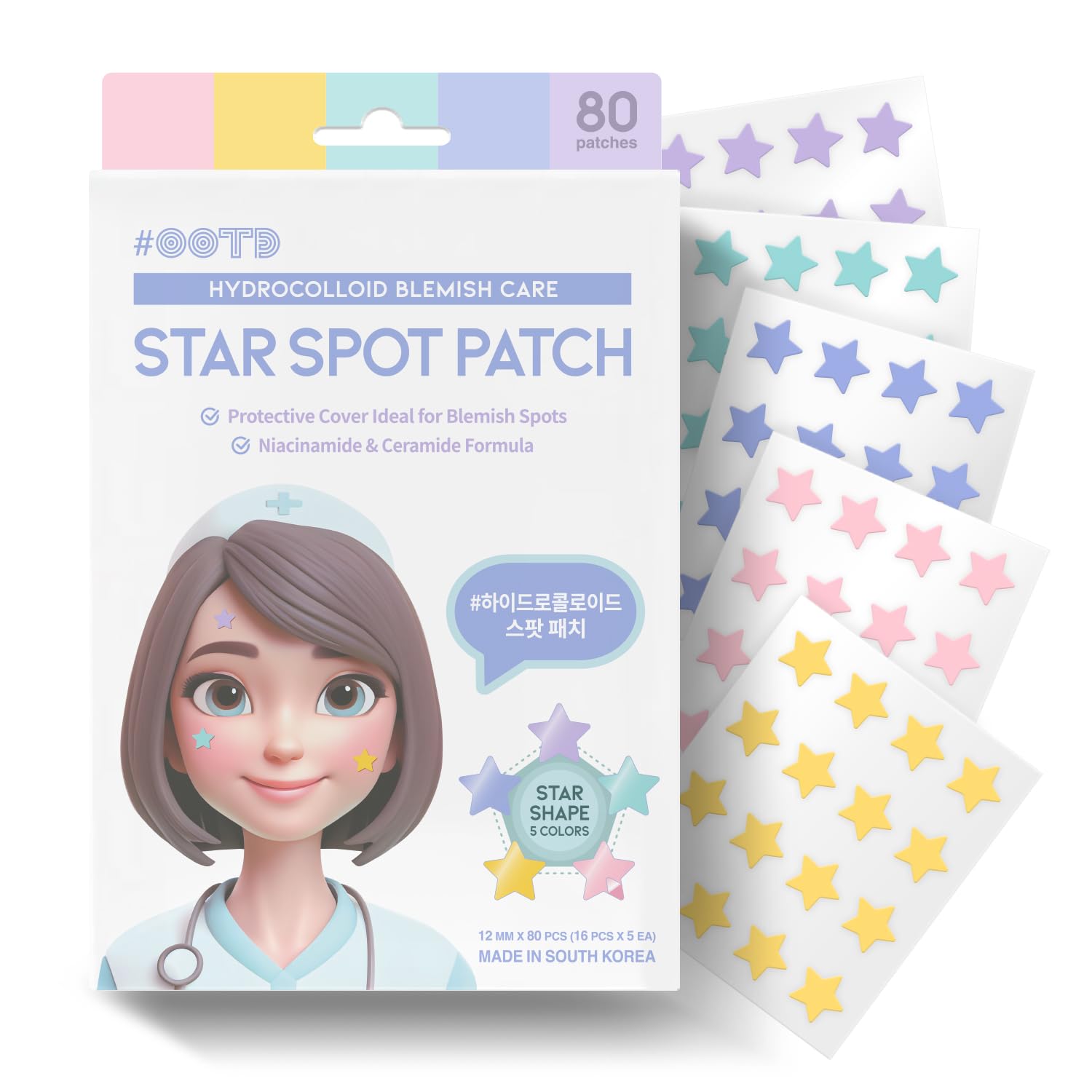 Star Spot Acne/Pimple Patch For Face, Hydrocolloid, Niacinamide, Ceramide, Cute Pastel Colors, Protecting & Healing, Prevent sca