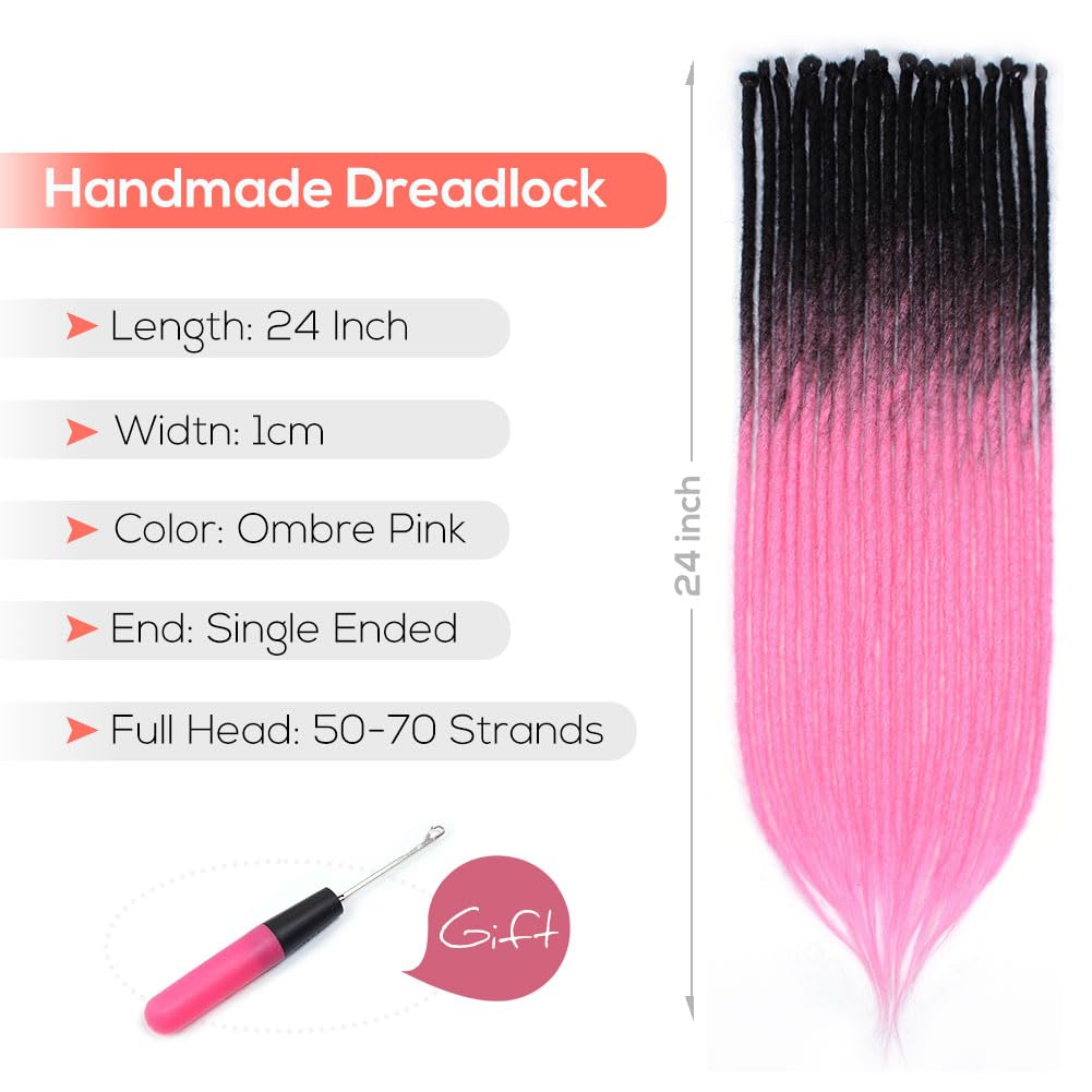 Kraler 24 inch 40 Strands Thick Dreadlock Extensions, SE Ombre Pink Crochet Dreadls Extensions of Synthetic Hair 1cm Width Hip H