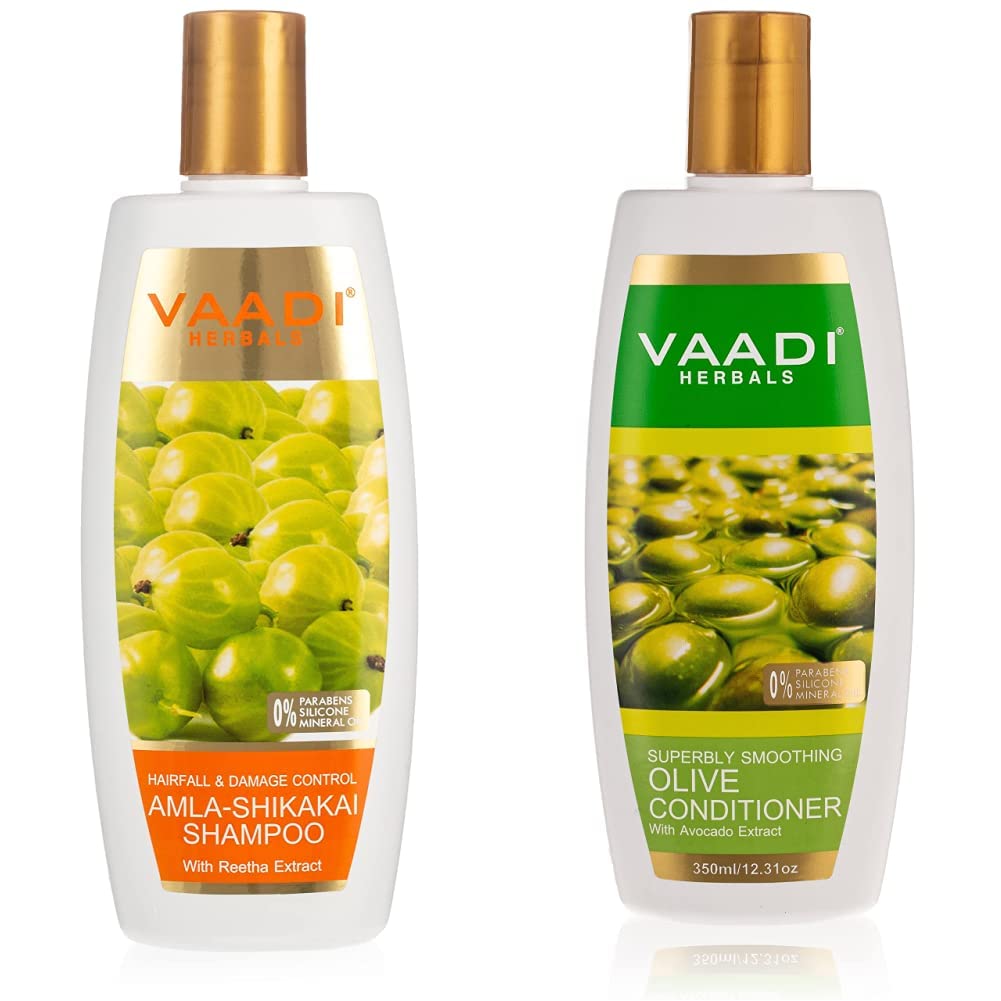 Vaadi Herbals Amla Shikakai Shampoo, Hairfall And Damage Control, 350G And Vaadi Herbals Olive Conditioner With Avocado Extract,