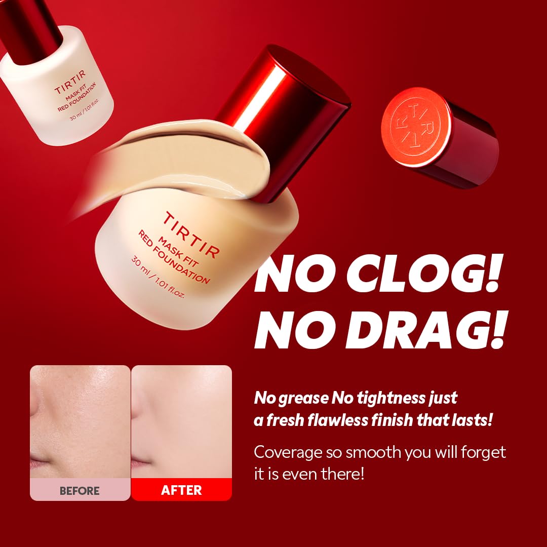 TIRTIR Mask Fit Red Foundation?Long Lasting Flawless Coverage, Energy Essence, Lightweight, Hydrating, Pore-Blurring, Breathable