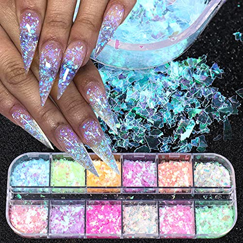 Mermaid Flake Nail Glitter Sequins, CHANGAR Iridescent Ice Slag Nail Glitter Colorful Fluorescent Glass Paper Nail Sticker Holog