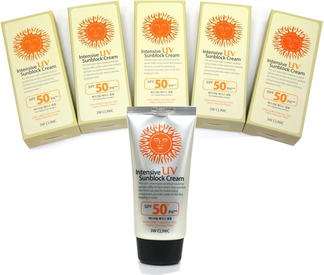 3W CLINIC Intensive UV Sunblock Cream, SPF50 PA, 2.37 fl oz, Pack of 5/KoreaBeauty/Korea Made