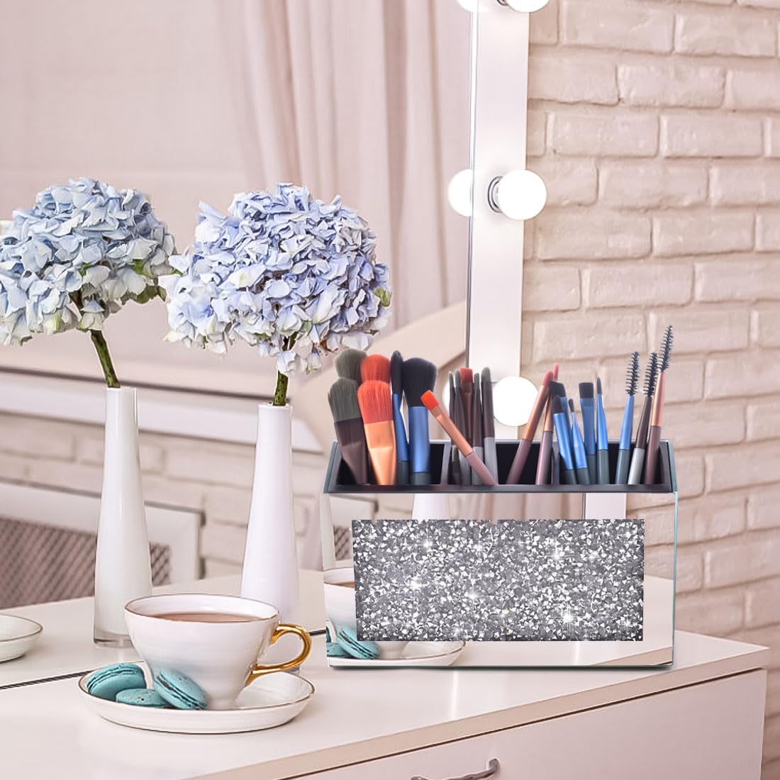 Amezey Crystal Crushed Diamond Silver Makeup Brush Holder Organizer, 3 Slot Mirrored Cosmetics Brushes Storage Case, Cute Pen an