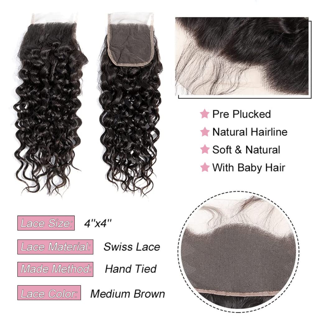 Menalue Human Hair Bundles with Closure, 12 14 16+10, Water Wave, 10A Brazilian Virgin Hair, Double Weft, Natural Color