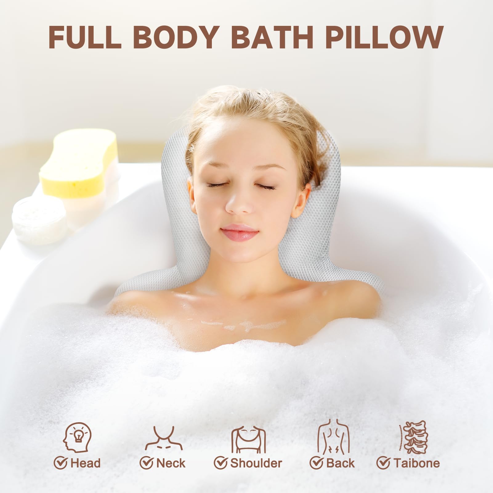Idefair Full Body Bath Pillow For Bathtub, Bath Pillow Luxury Bathtub Pillow For Head Neck Back Support, Full Body Bath Cushion