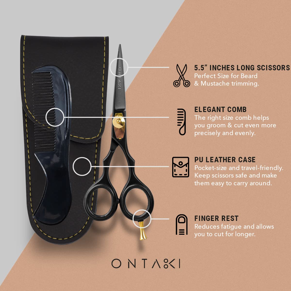 ONTAKI 5.5'' Professional Japanese Steel Beard Mustache Scissors Salon Shears - Hand Forged Barber Scissors For Men Precision -