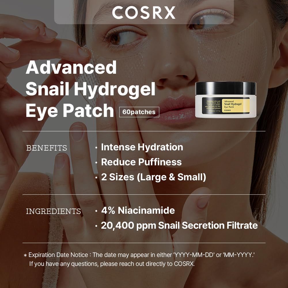 Cosrx Advanced Snail Hydrogel Eye Patch (60Pc), Gel Serum Mask, Puffy Undereye Treament, Fine Lines, Refresh, Hydrate| Paraben F