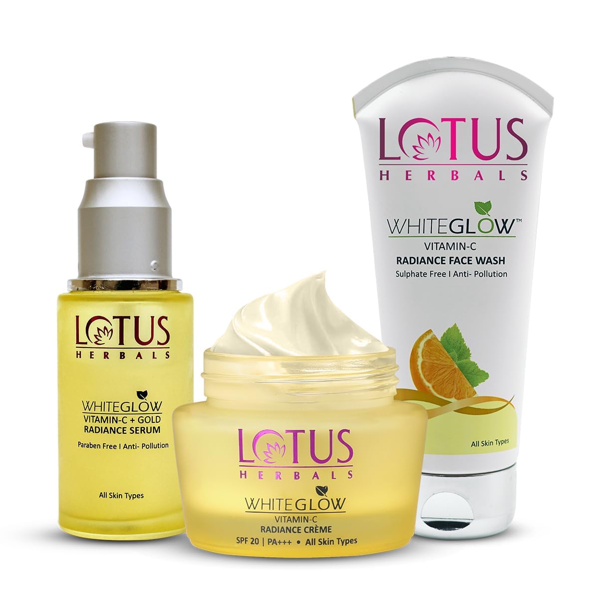 Lotus Herbals Whiteglow Vitamin C And Gold Radiance Face Wash (100G) + Face Cream (50G) + Face Serum (30Ml) For Dark Spot Reduct